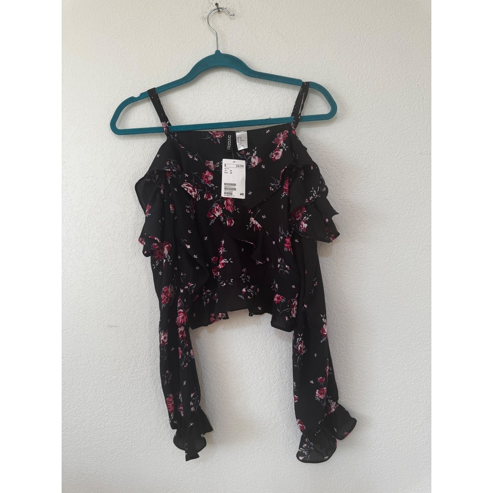 Divided H&M Black Floral Cold Shoulder Ruffle Crop Top Long Sleeve Women US 10‎